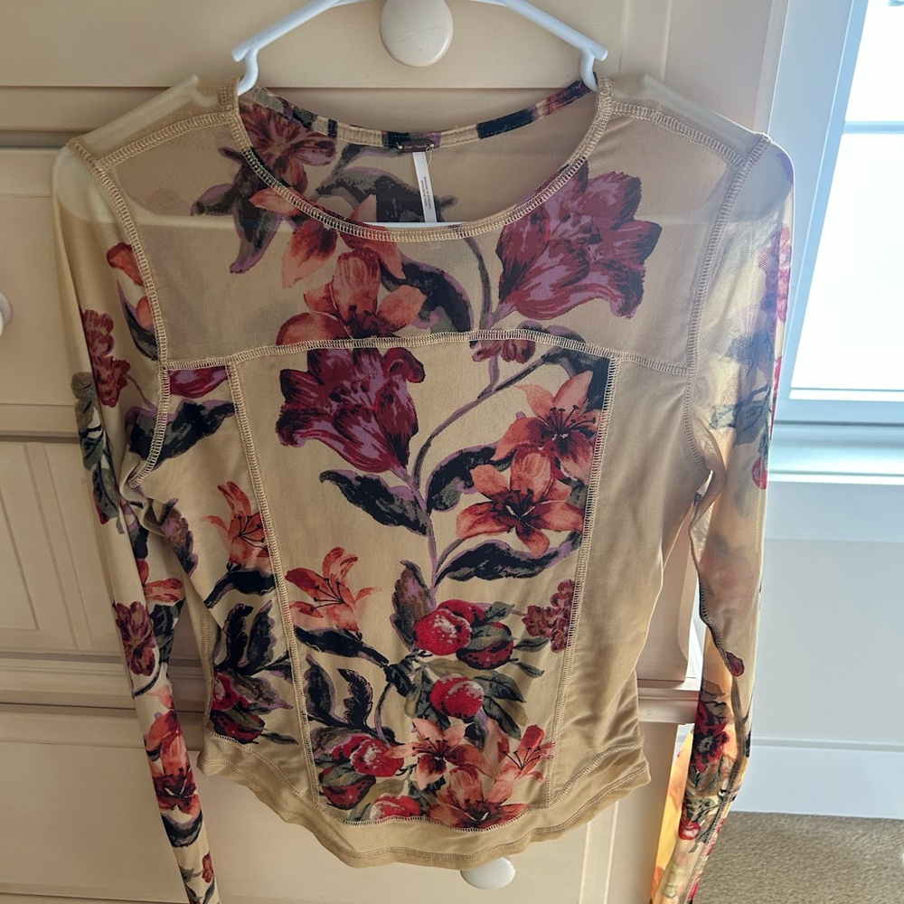 Free People Beige and Burgundy Floral Long Sleeve Top
